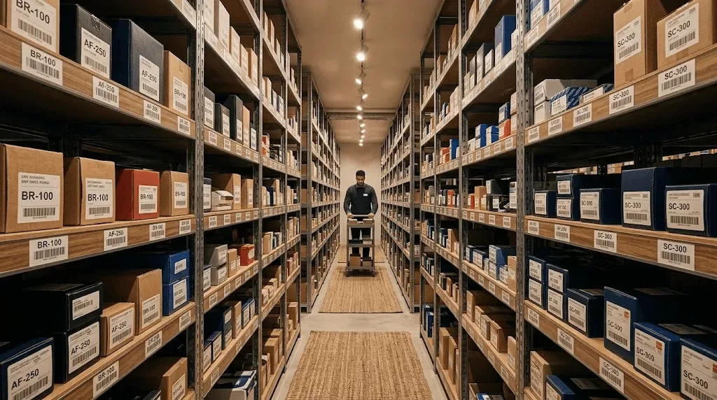 Shelves of references in the stockroom