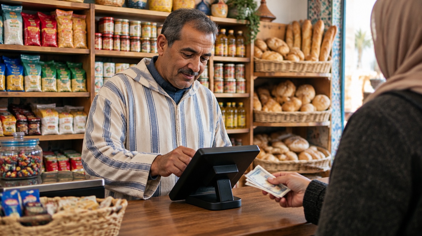 Un épicier encaisse une cliente au comptoir de son épicerie