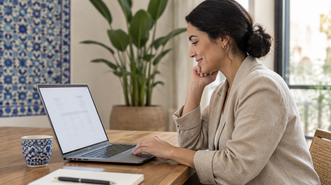 Une cheffe d’entreprise consulte une facture électronique sur son ordinateur portable