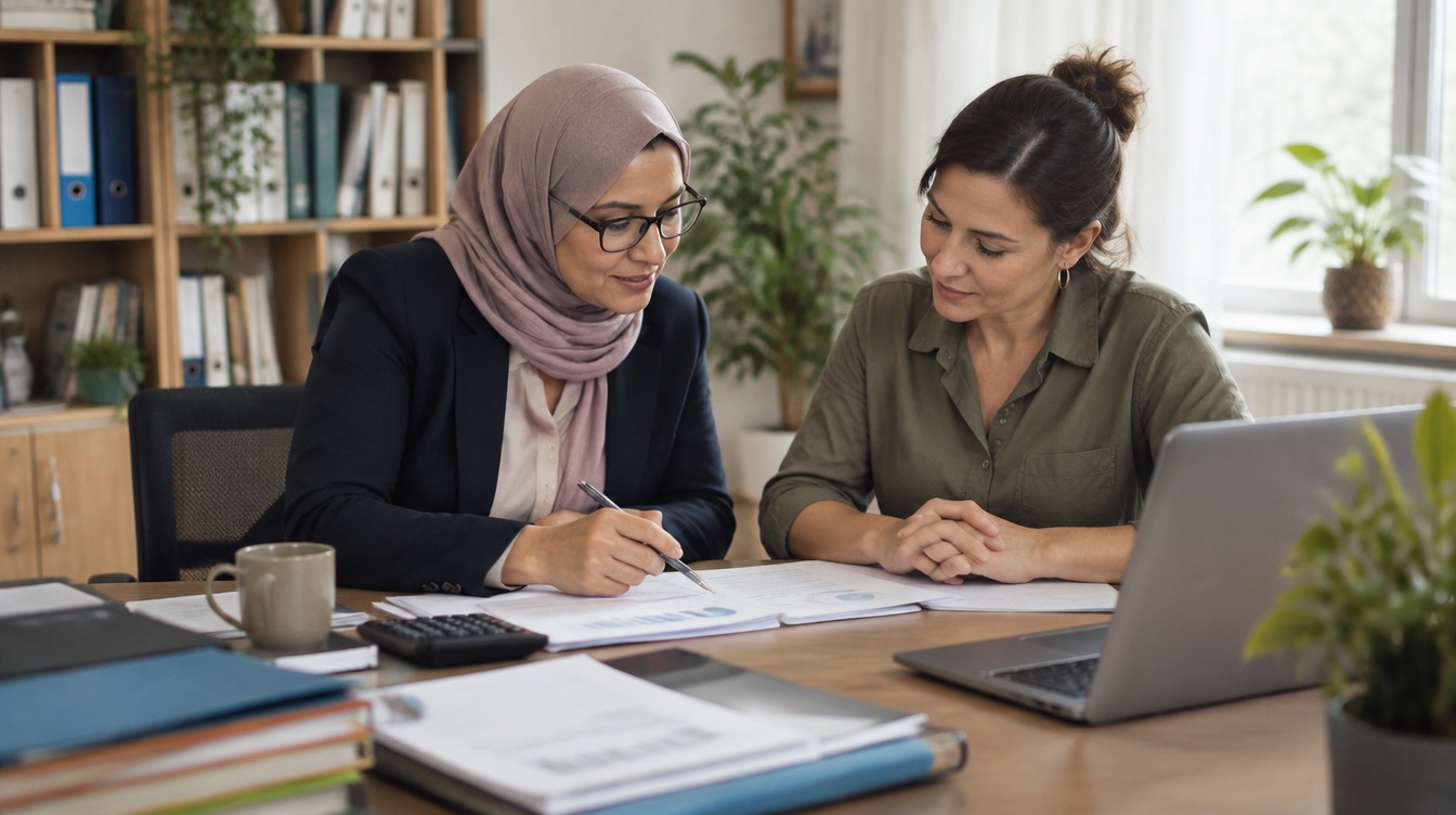 خبيرة محاسبة تراجع الضريبة على القيمة المضافة مع صاحبة مقاولة
