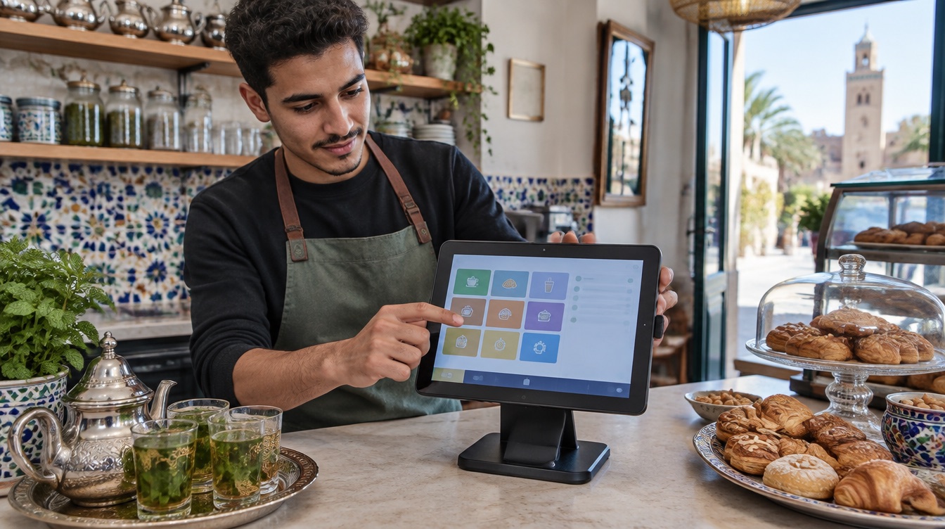 Un jeune gérant de café-snack au Maroc configure une application de caisse sur une tablette posée sur le comptoir