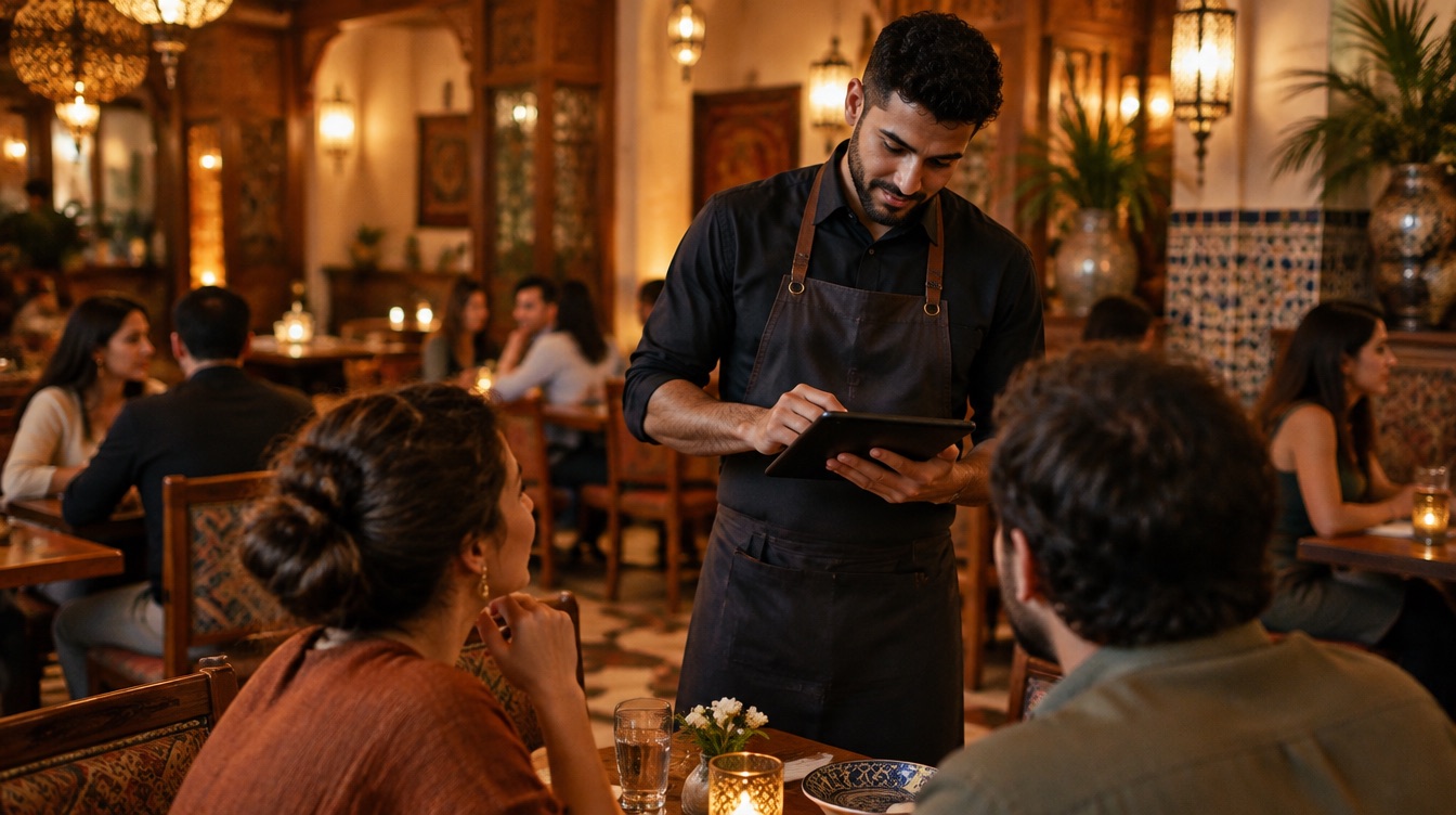 Un serveur prend la commande d’une table sur une tablette dans un restaurant