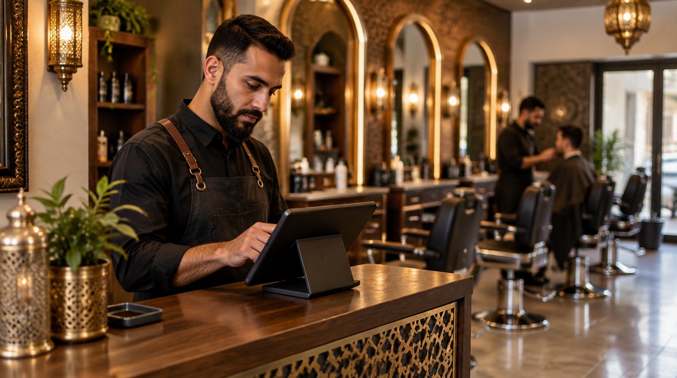 Un coiffeur enregistre une prestation sur la caisse tablette de son salon