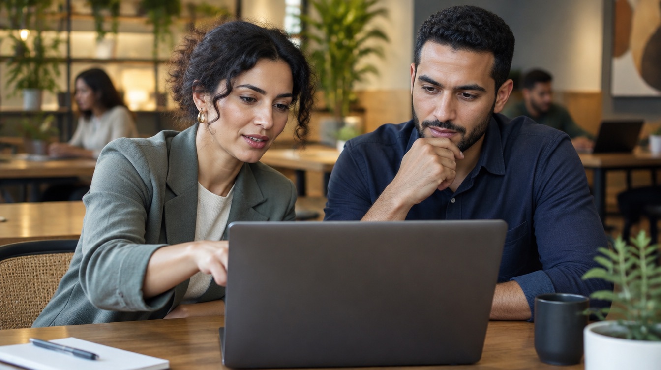 Deux associés comparent des logiciels de facturation sur un ordinateur portable