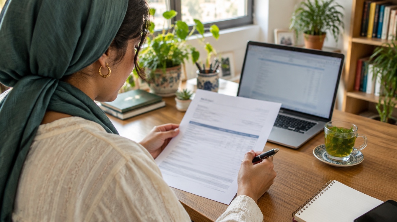Une entrepreneuse vérifie les mentions d’une facture imprimée à son bureau