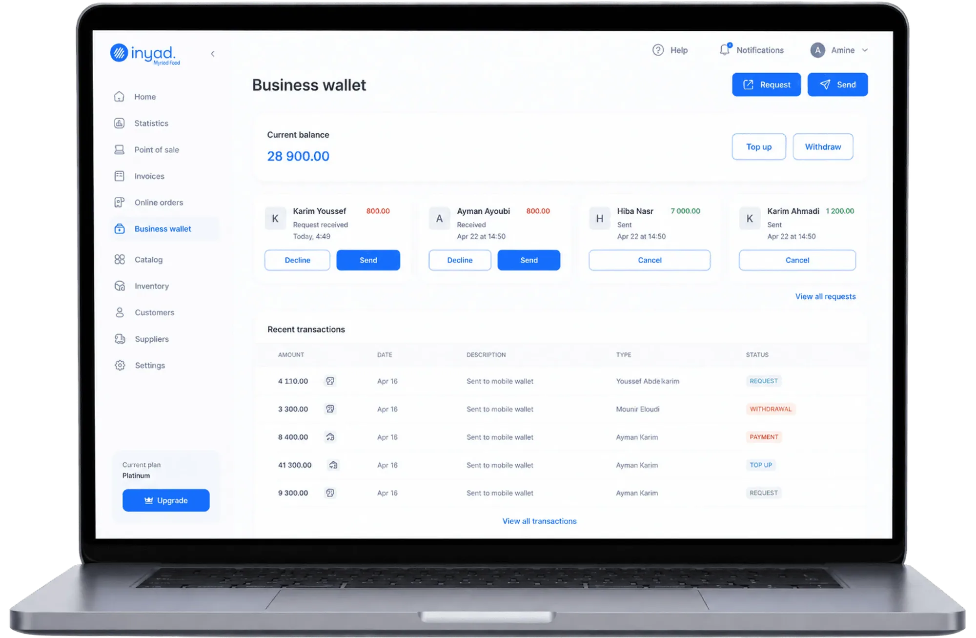 the inyad Business wallet dashboard, showing balance, pending requests and recent transactions