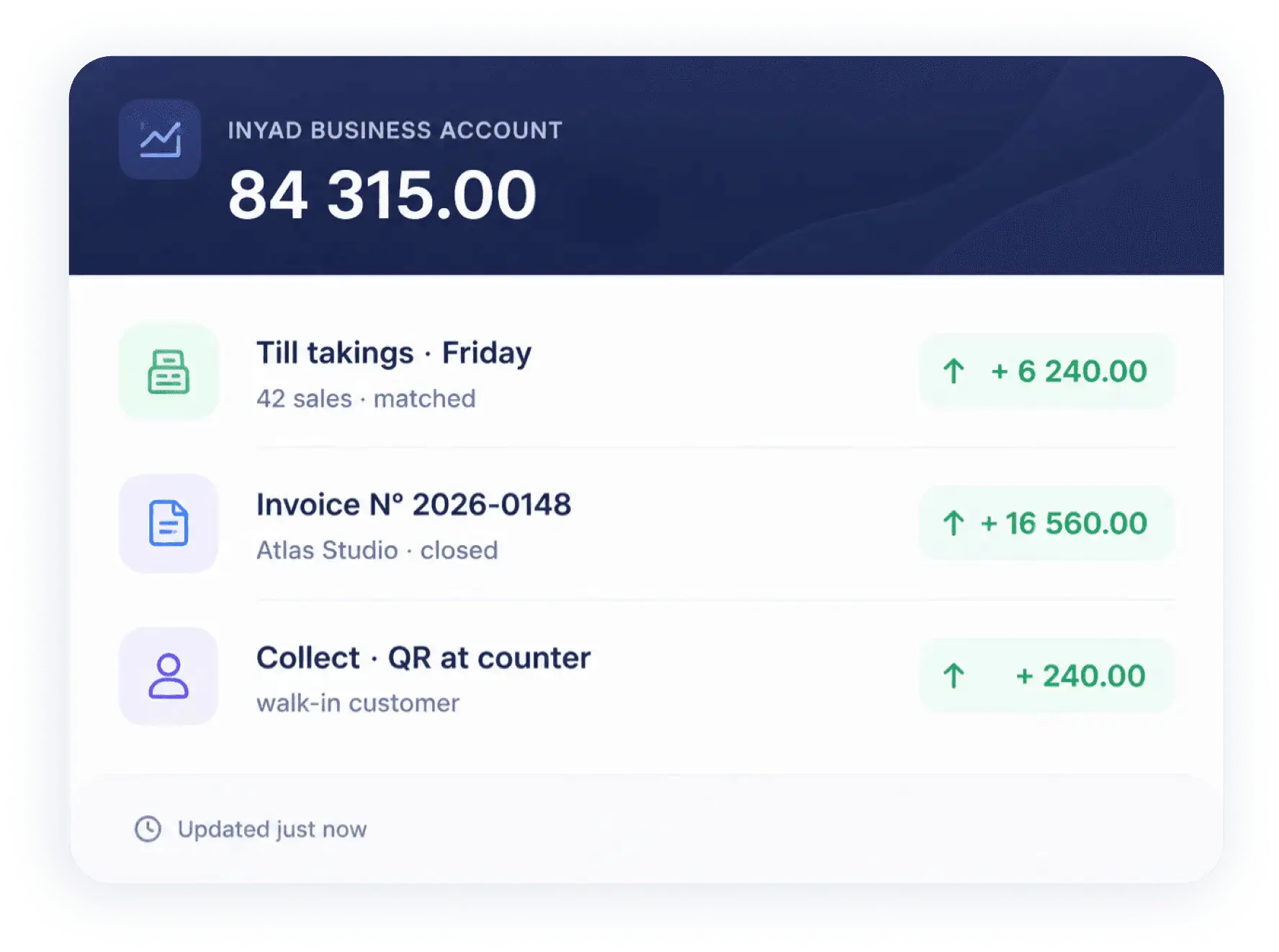 the inyad Business Account balance with till takings, an invoice and a Collect QR payment, all matched