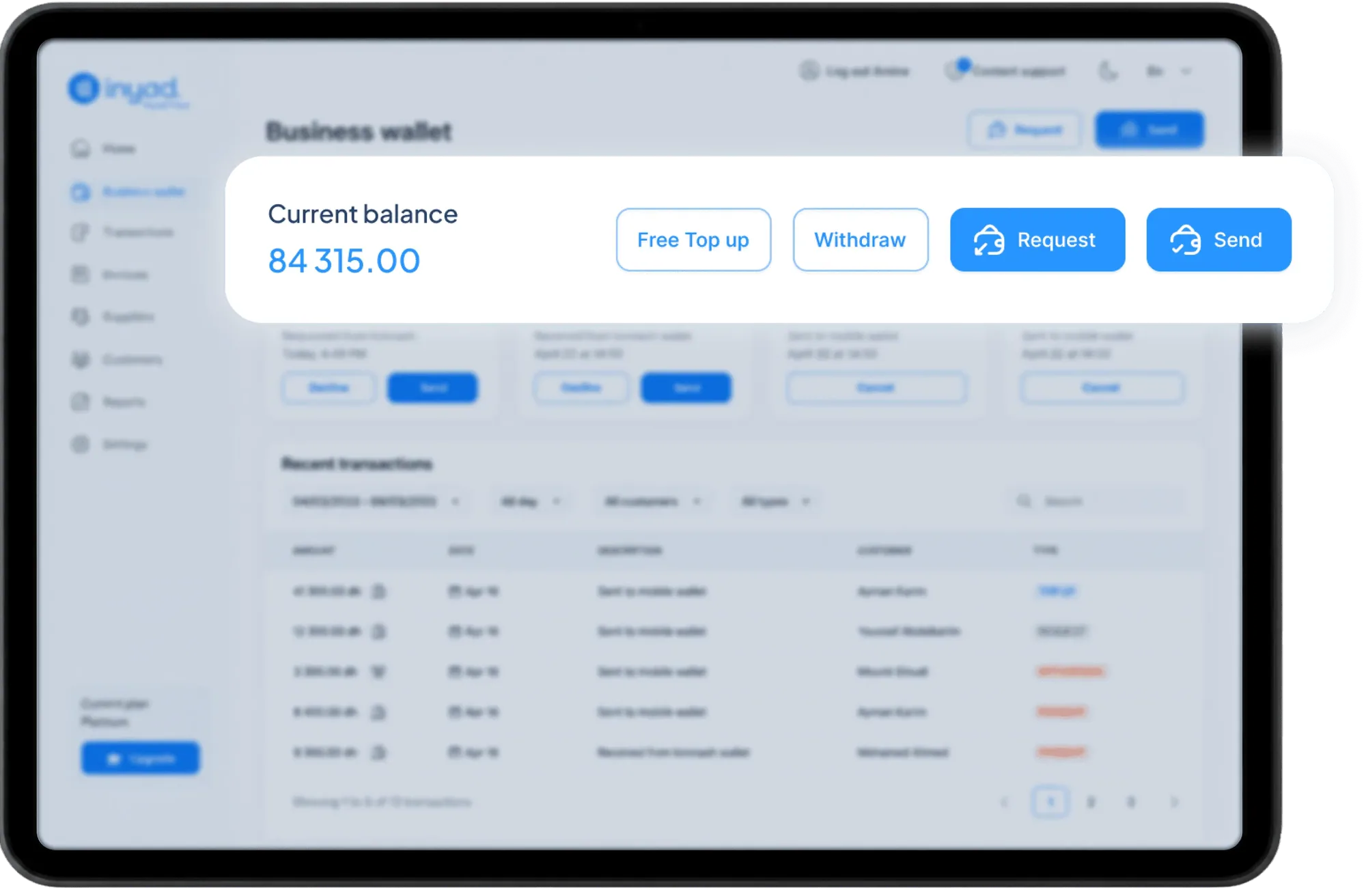 the live account balance with free top up, withdraw, request and send actions