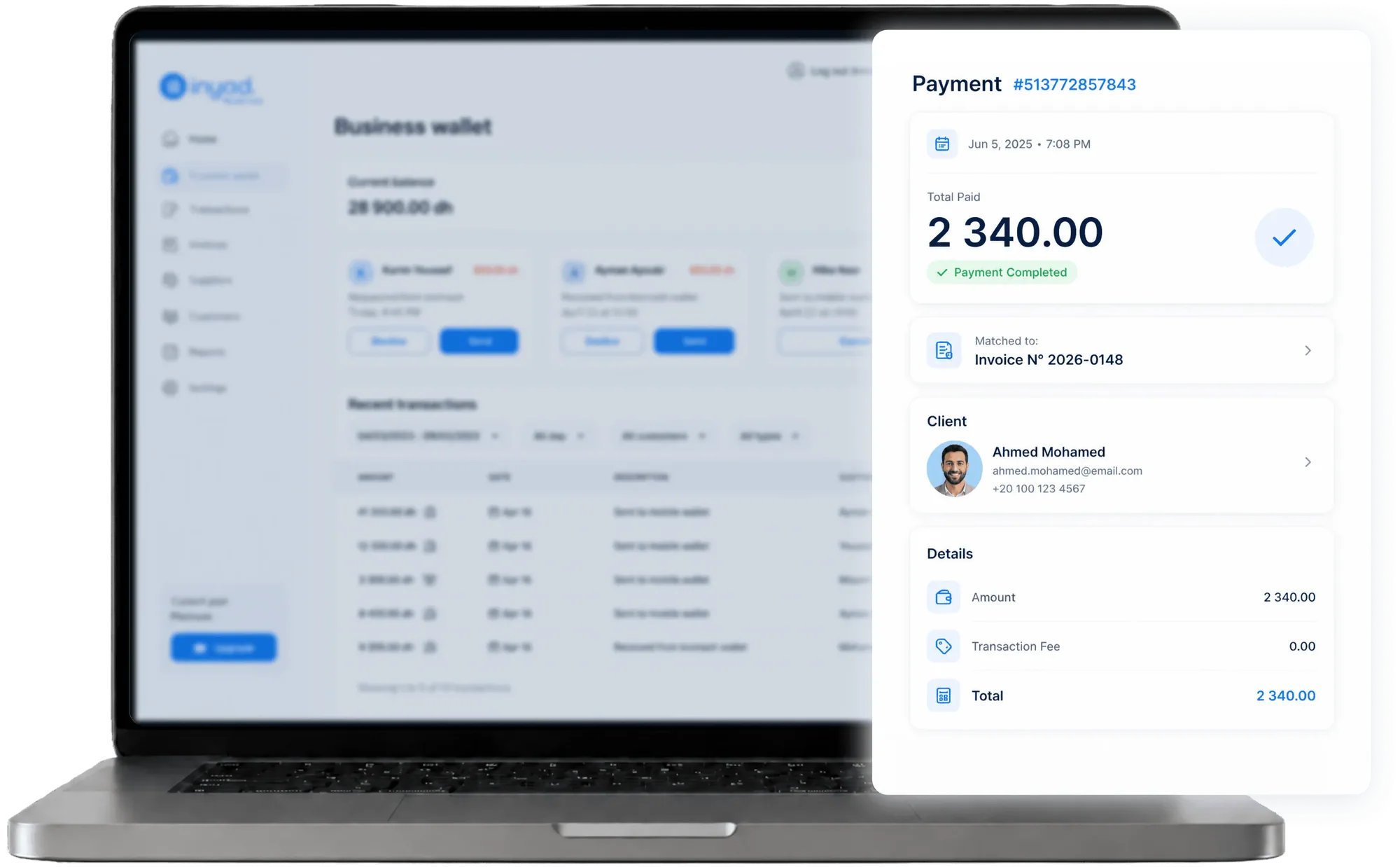 a payment matched to its invoice and client, with the amount and payment details