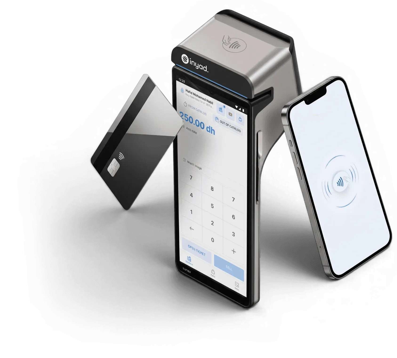 the inyad payment terminal next to a tapped card and a phone showing contactless pay