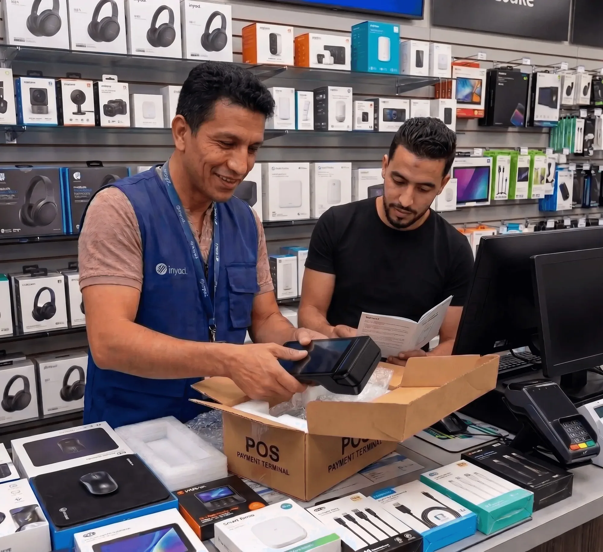 a merchant unboxing the payment terminal, helped by our team on the shop floor