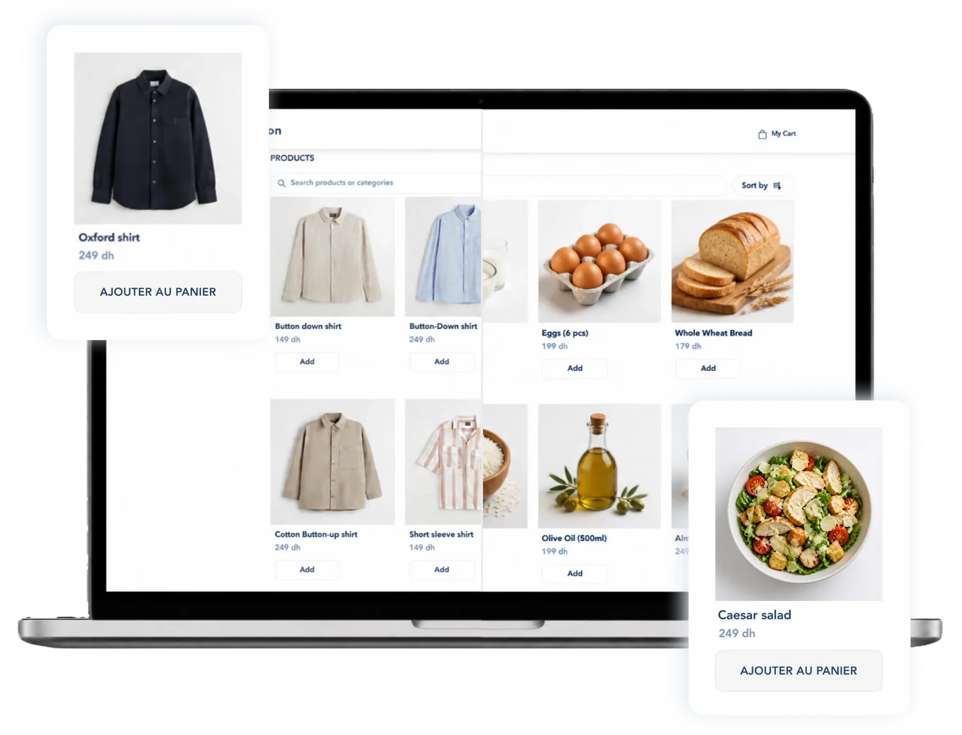 an online store with clothing and grocery products, ready to add to cart