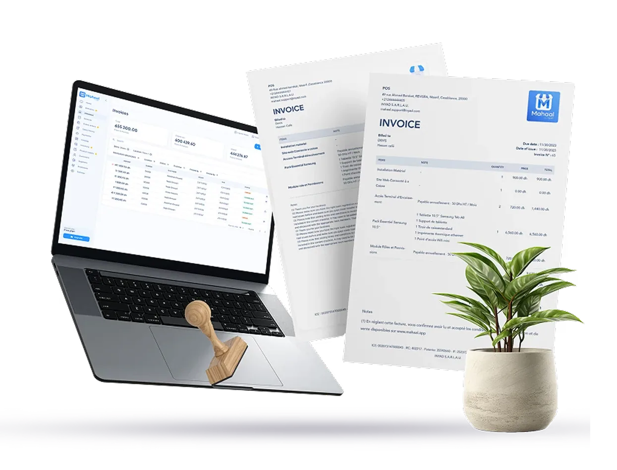 the inyad invoicing app with printed invoices and a stamp