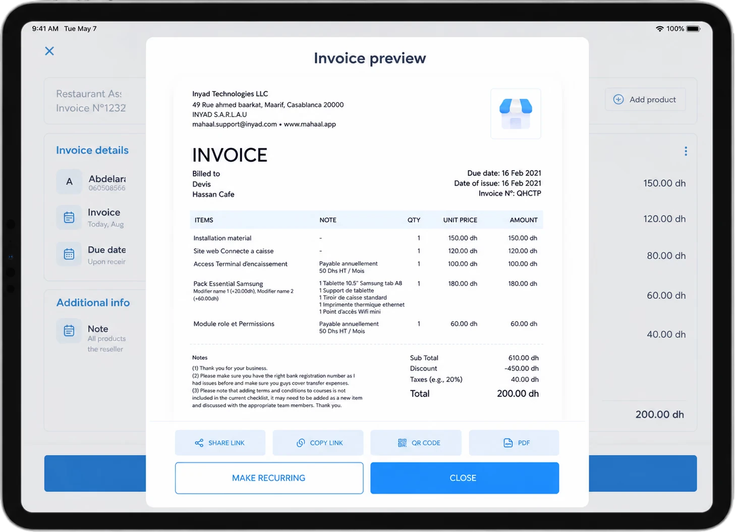 an invoice preview with share link, QR code and PDF export