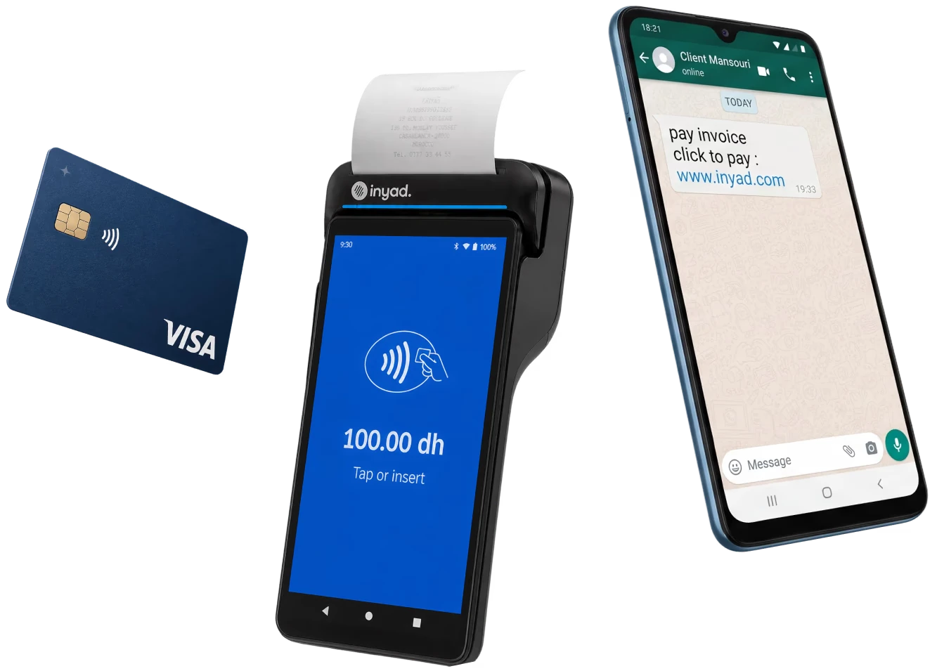 a card, a payment terminal and a WhatsApp payment link