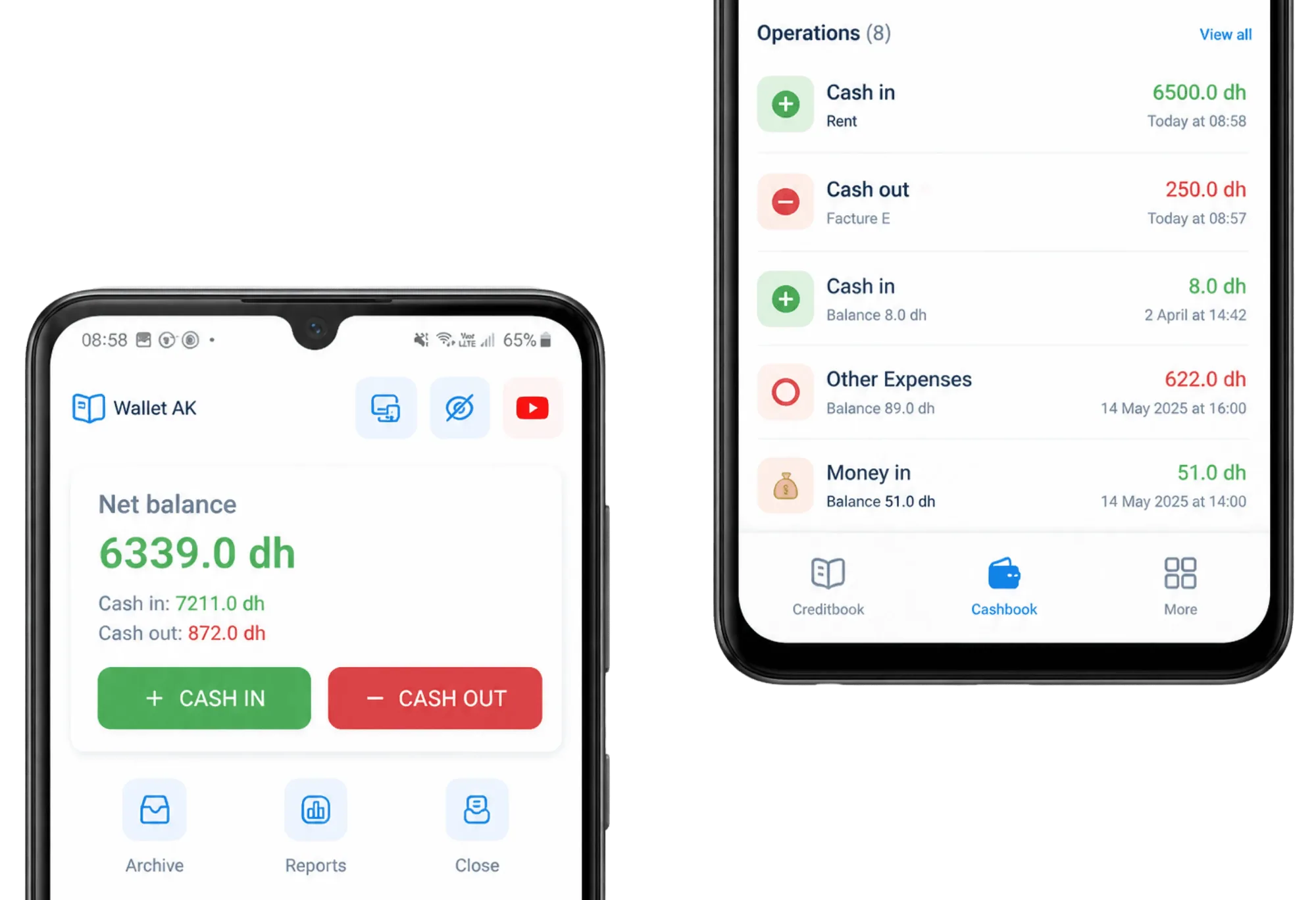 the cash book with the net balance, cash in and cash out