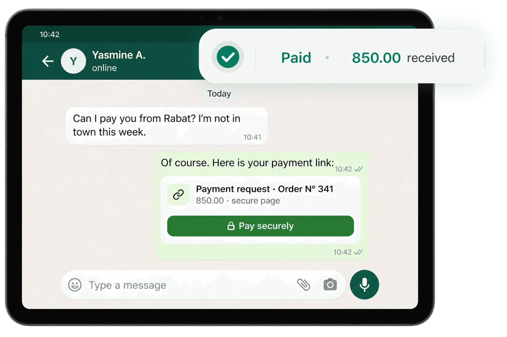 a WhatsApp chat with a payment link marked Paid, on a tablet