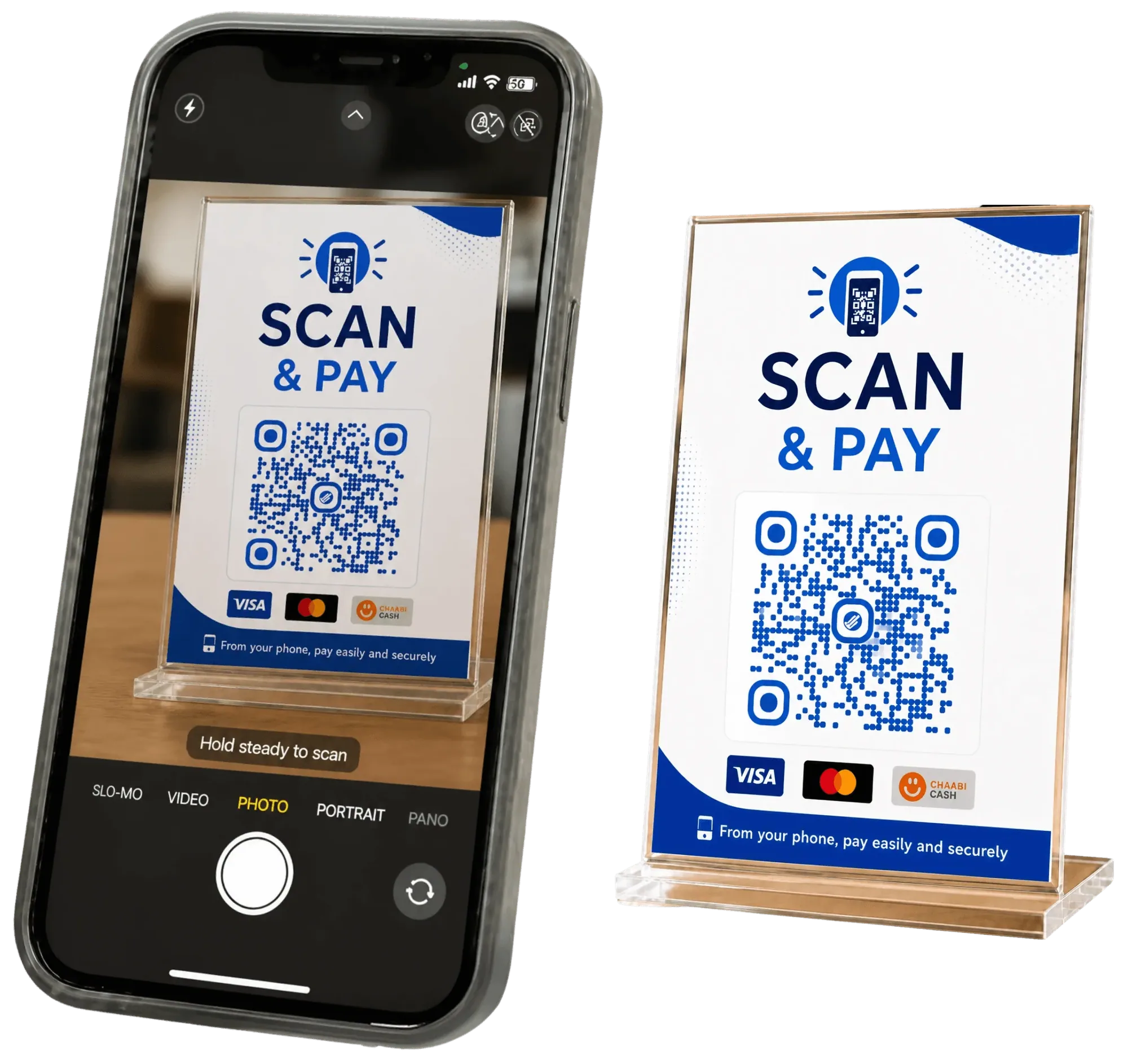 a counter-stand QR code sign, scan and pay, with Visa, Mastercard and Chaabi Cash logos