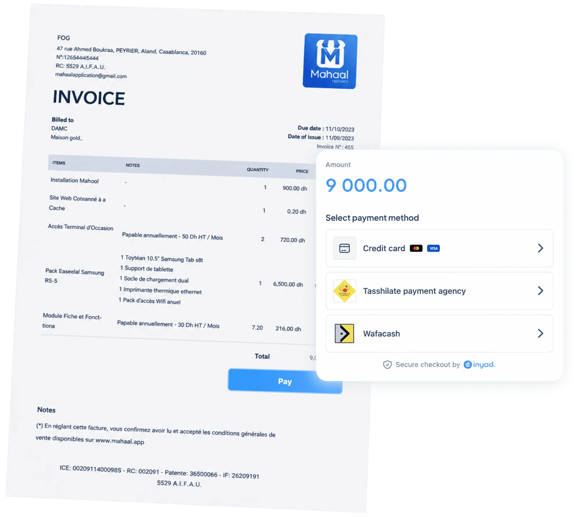 an invoice with an attached payment page showing the amount due and payment method options