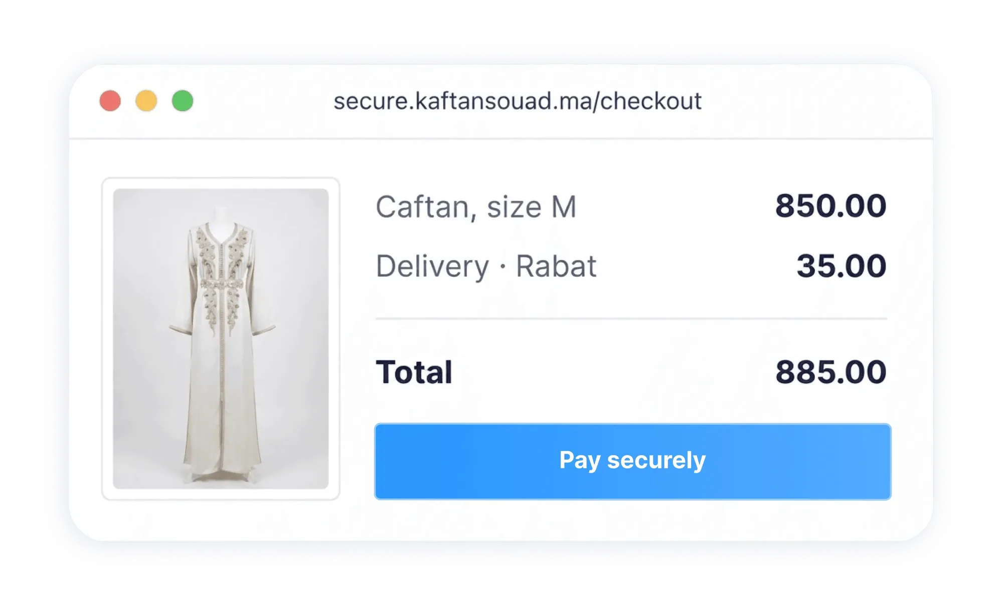 a browser checkout page for a caftan product with a pay securely button