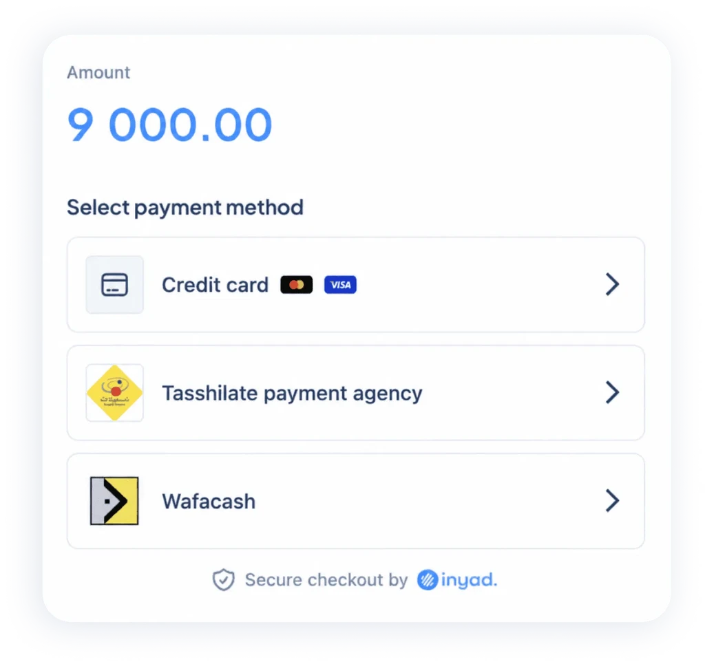 a secure checkout page listing payment methods: credit card, Tasshilate payment agency and Wafacash