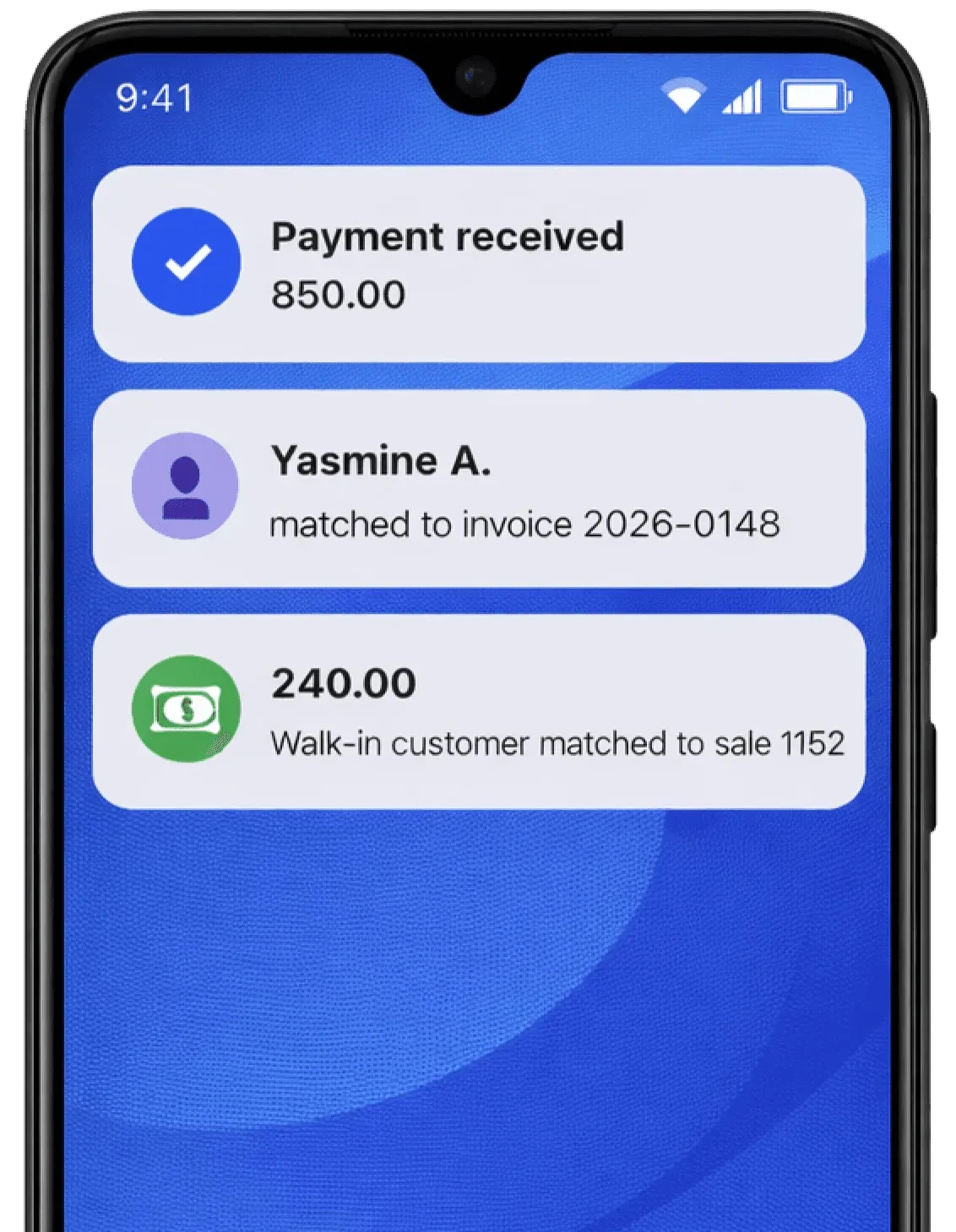payment received notifications matched to an invoice and to a walk-in sale