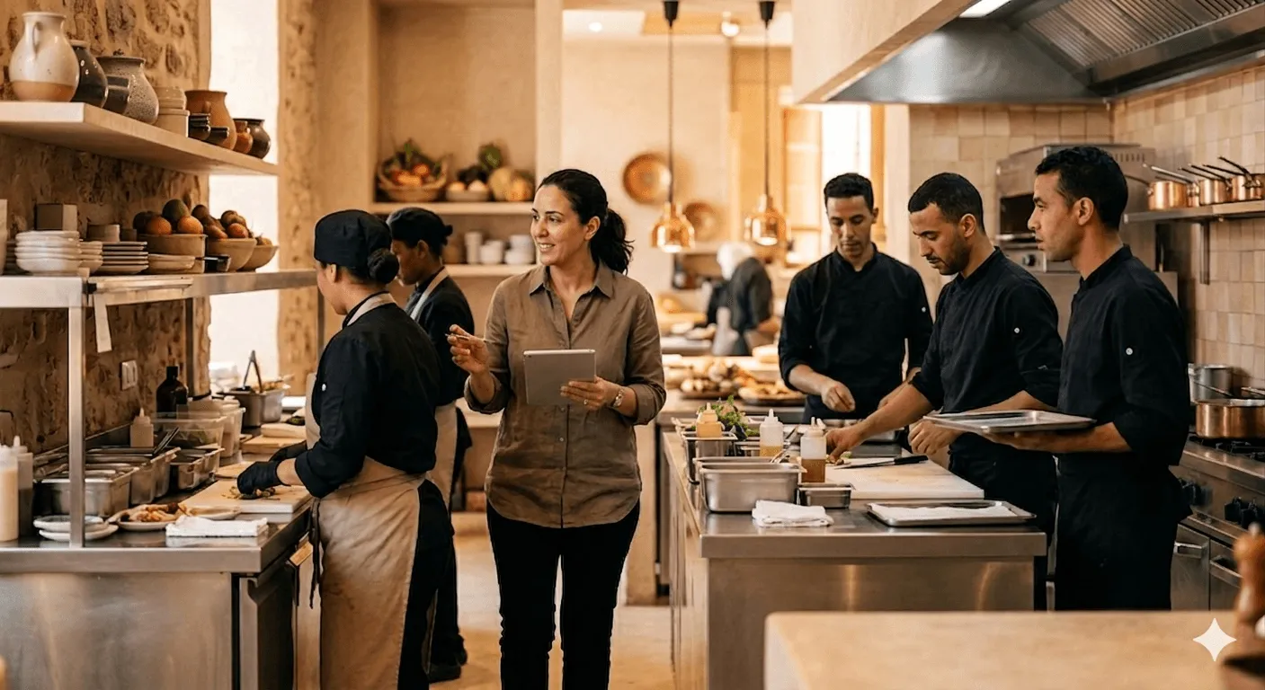 Restaurant owner with their kitchen team