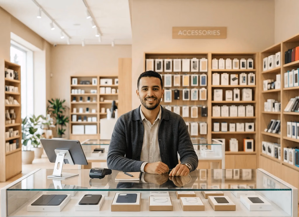 A retail shop counter and shelves