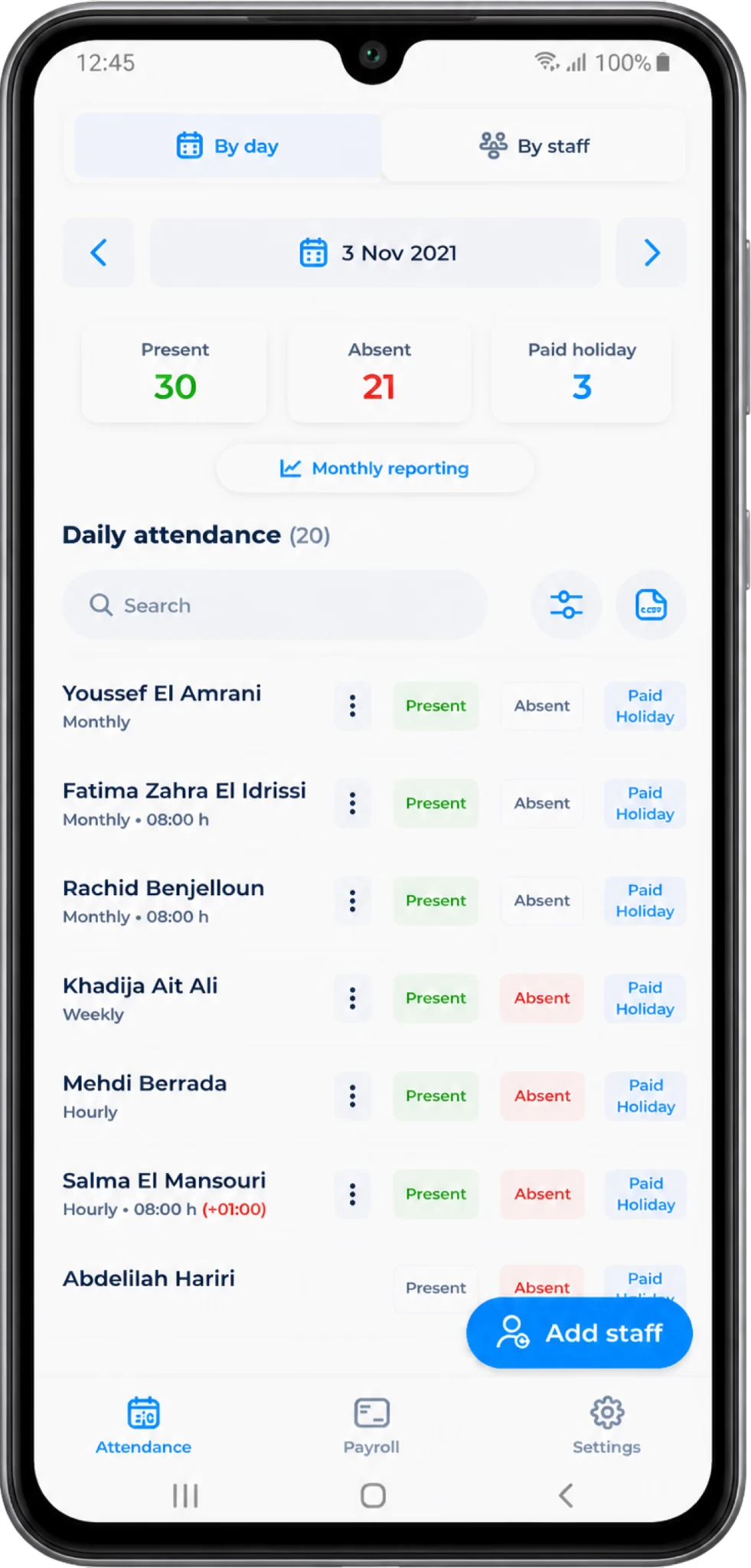the attendance app on a phone, showing who is present and absent today