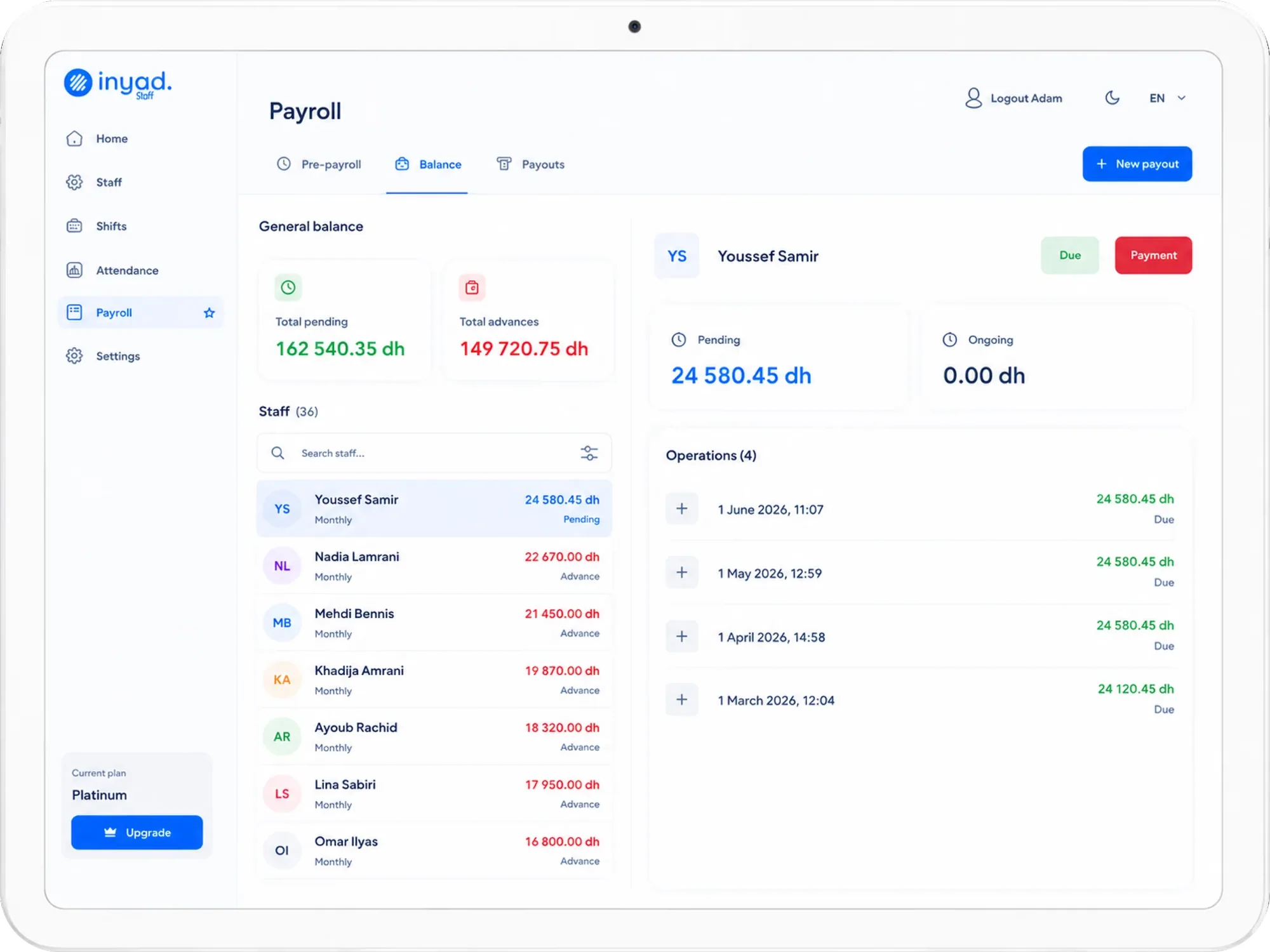 the payroll balance screen with staff payouts and a new payout button