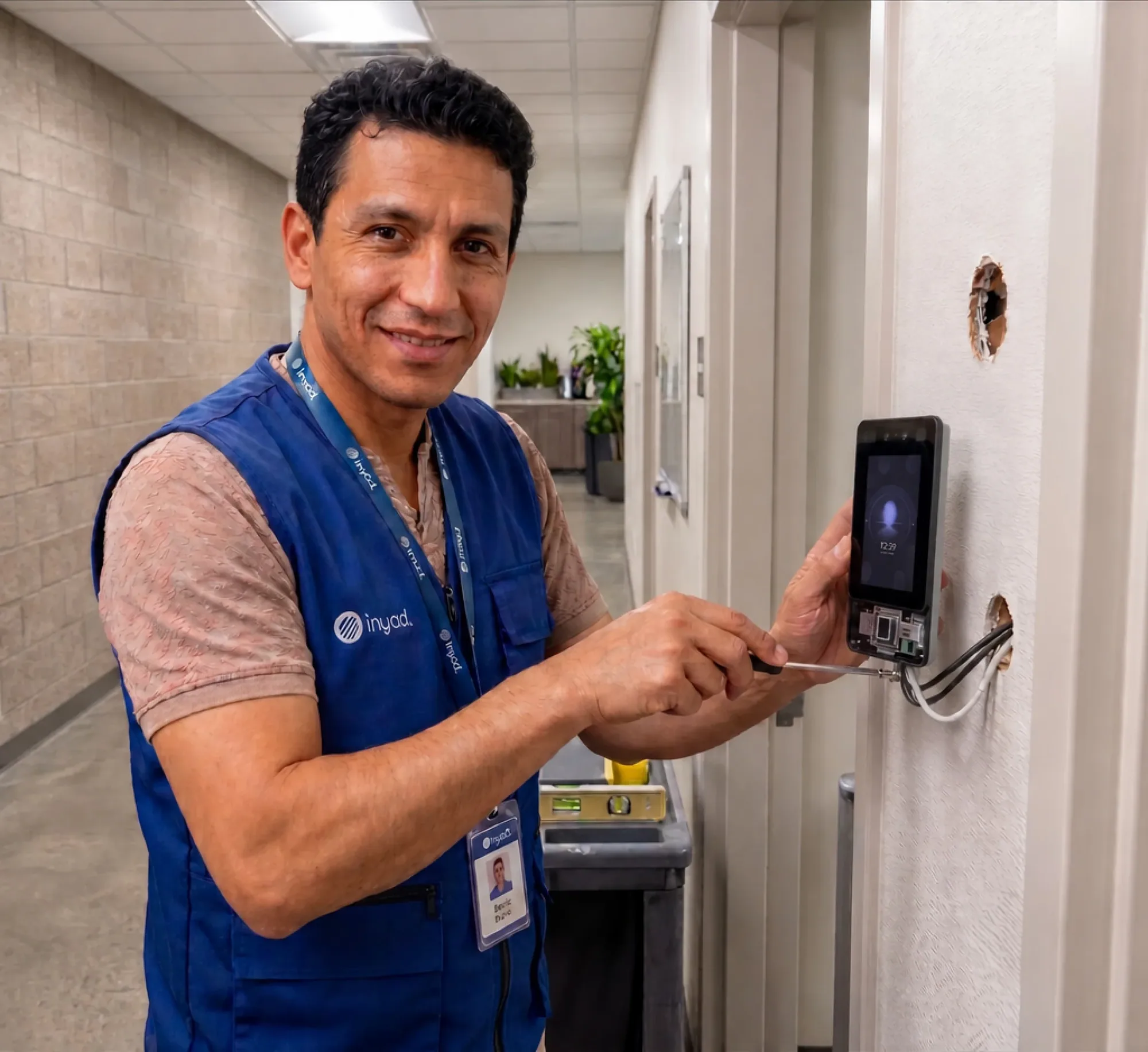 an inyad technician installing an attendance terminal