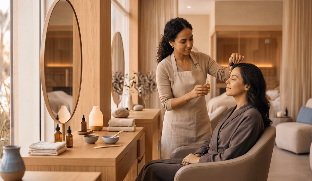 A salon chair and styling station
